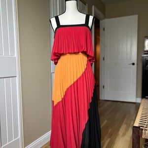 ASOS Red, Orange, & Black Strapless Pleated Dress